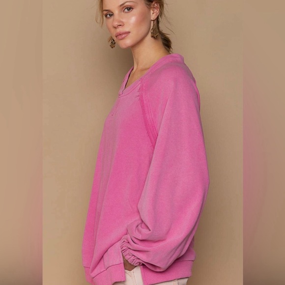 POL Hot Pink Crisscross Back Sweatshirt | Open Back | Slouchy Oversized Fit - Picture 2 of 5
